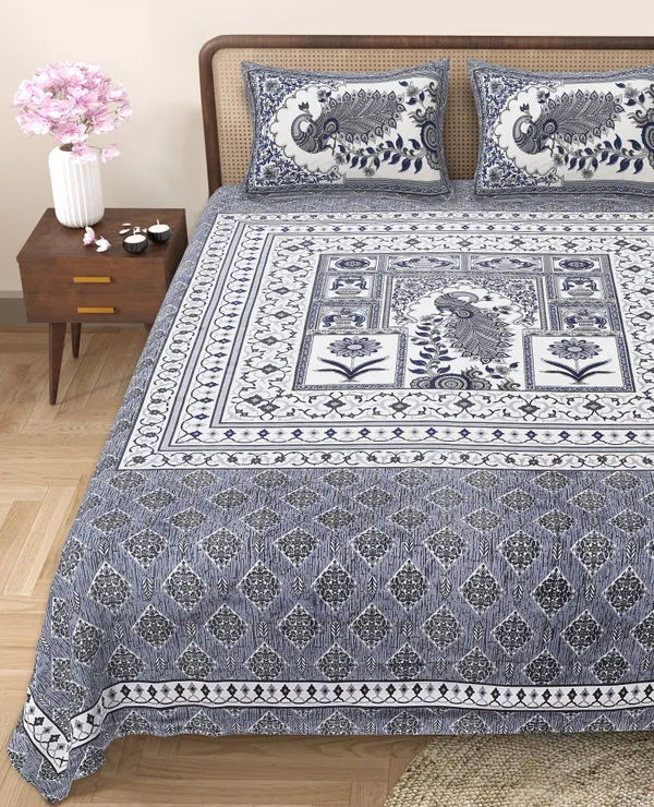 Grey_Cotton_Royal_Peacock_Harmony_Double_Bedsheet_With_Pillow_Cover